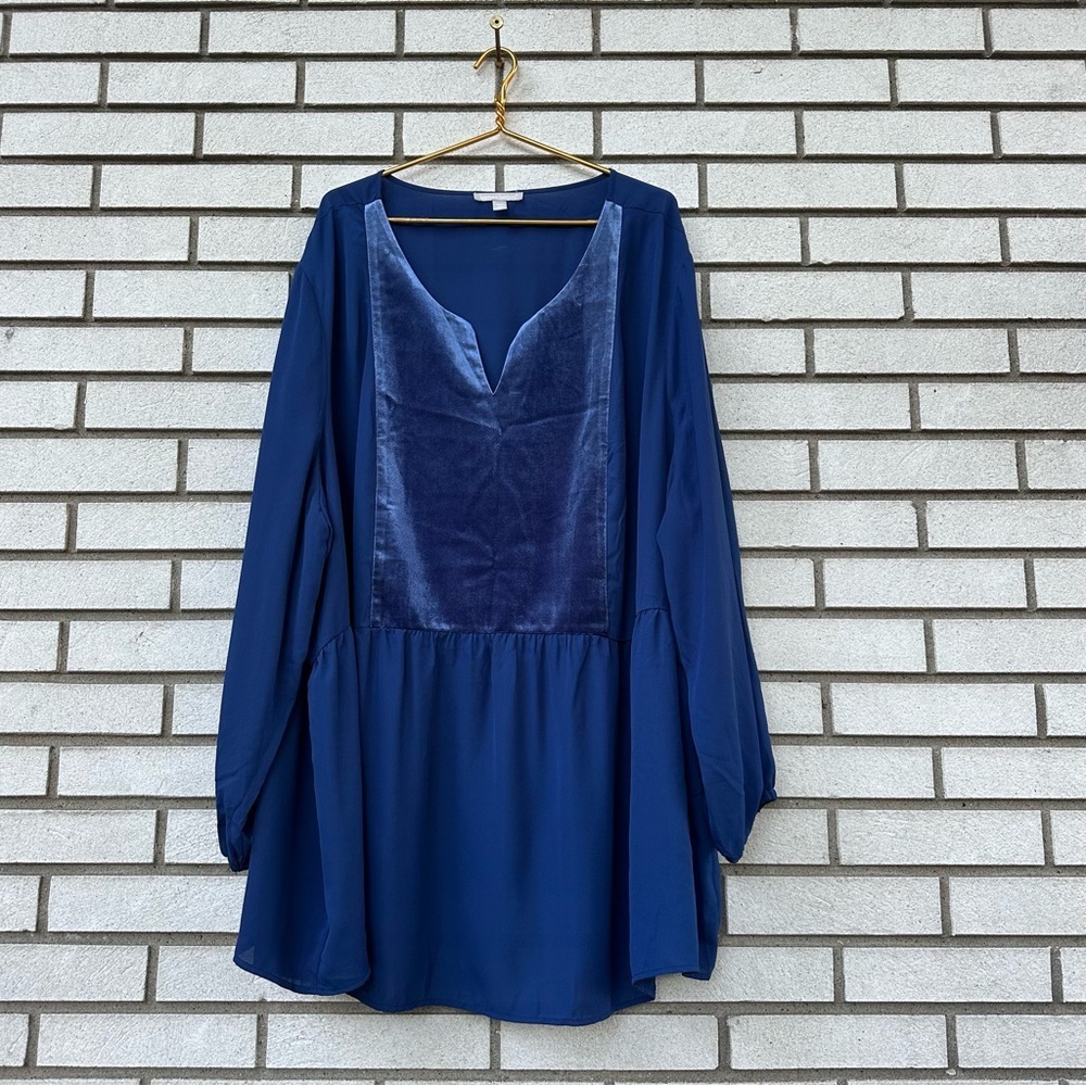 Woman Within 5X Blue Velvet‎ Panel Long Sleeve Tunic Top Boho Luxe Holiday Party